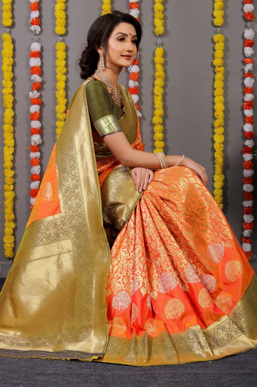 Orange Kanchipuram Pure Silk Handloom Saree With Pure Jari