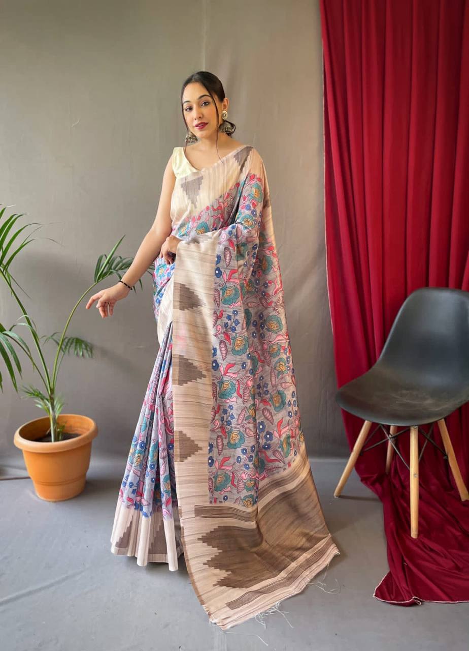 Peach Tusser Sarees With Kalamkari Prints All Over With Woven Temple Border