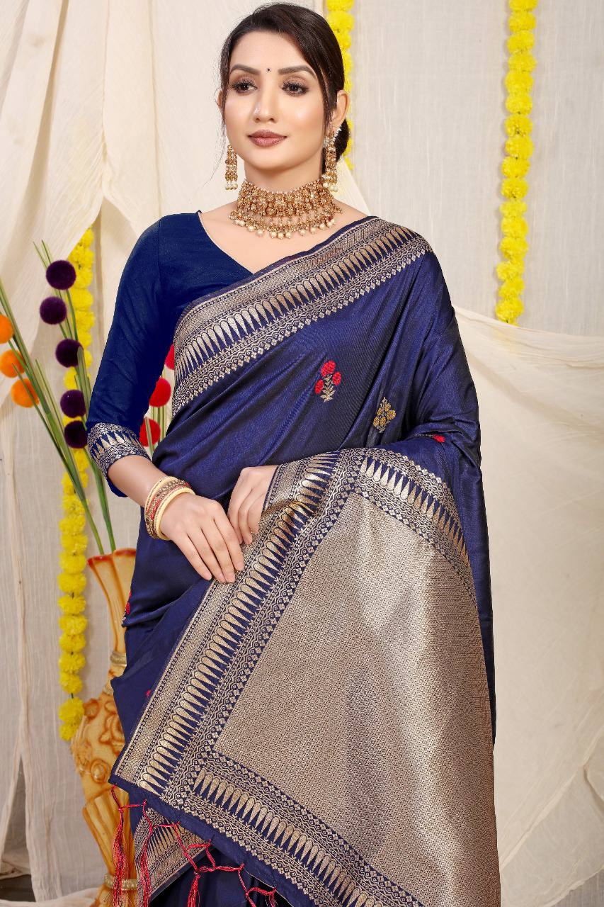 Kanchipuram Dark Blue Pure Silk Handloom Saree