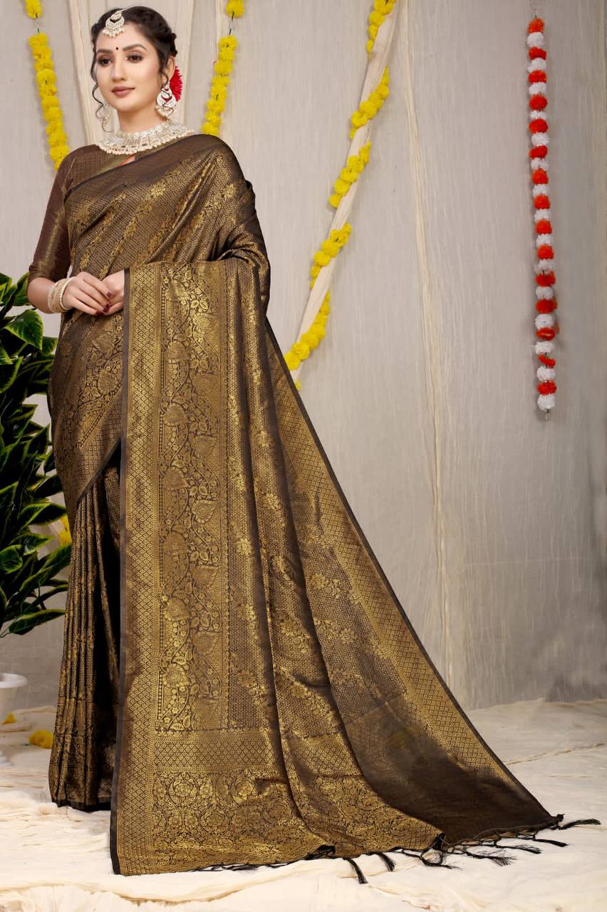 Brown Bridal Kanchipuram Silk Sarees In Pure Gold Zari