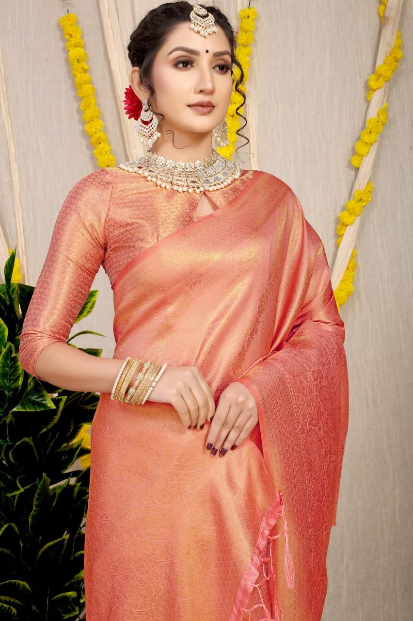 Orange Bridal Kanchipuram Silk Sarees In Pure Gold Zari