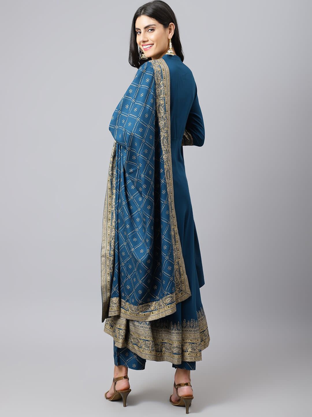 Blue Foil Print Anrkali Gown Pent Dupatta Set