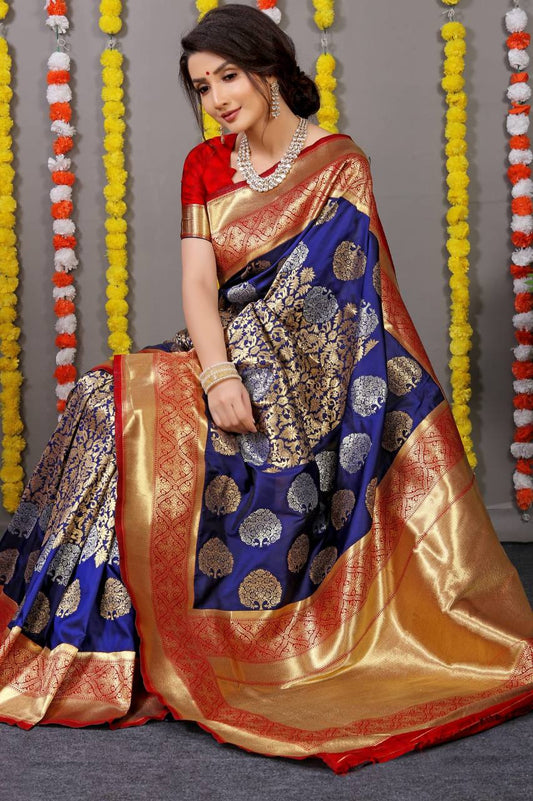 Blue Kanchipuram Pure Silk Handloom Saree With Pure Jari