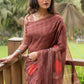 Wine Soft Linen Cotton Saree With Beautiful Digital Print And Zari Lining Pallu