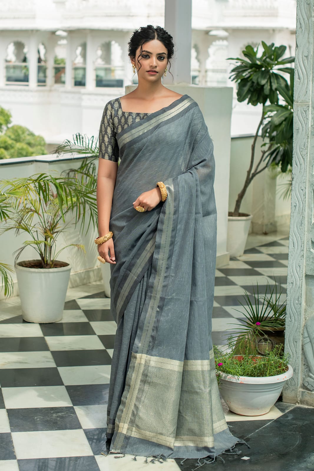Grey Pure Linen Saree Katha Weaving