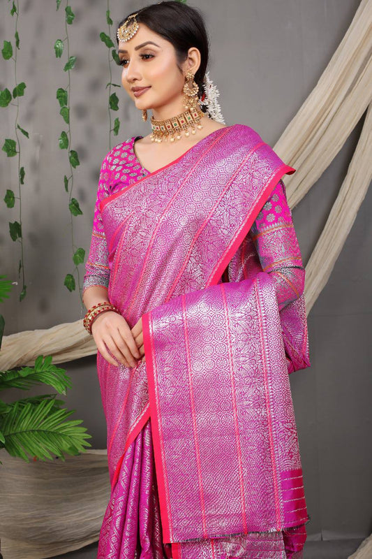 Beautiful Pink Lichi Soft Silk  Saree With Weaving Silver