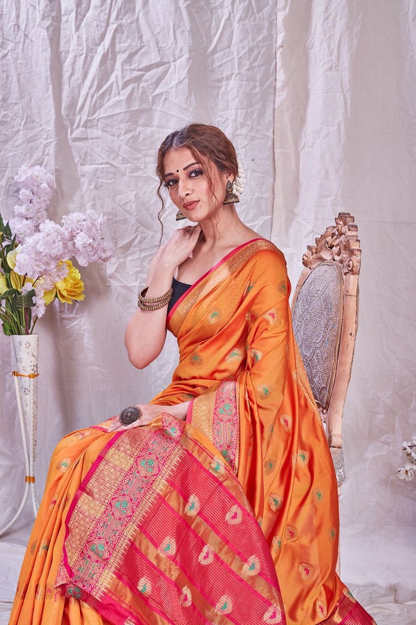 Beautiful Orange Paithani Saree with Zari work