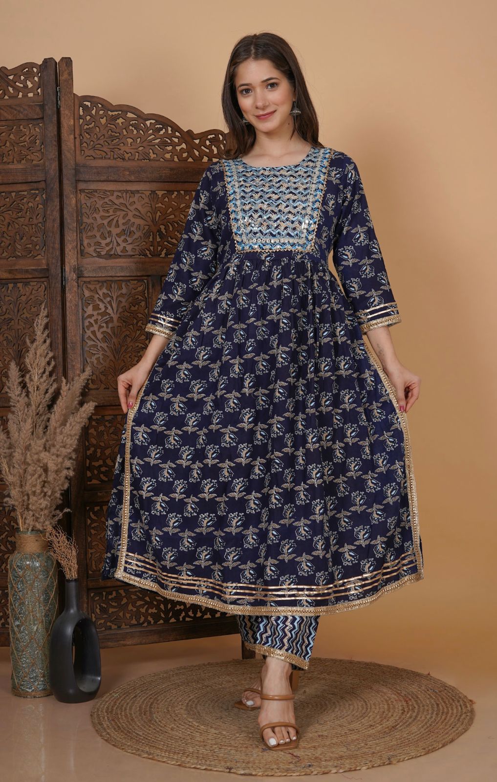 Blue Rayon Nayra Cut  Heavy Gota  Lace Work Kurti