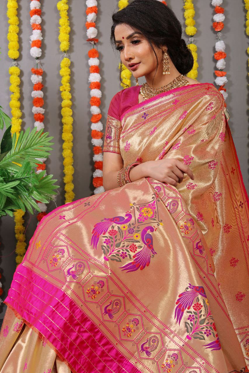Beautiful Pink Paithani Pure silk handloom saree with Pure Jari