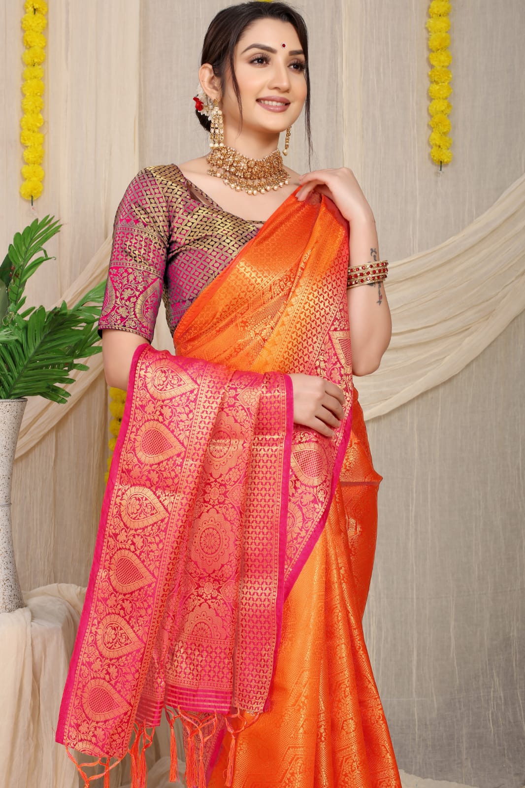 Orange Pure Soft Silk Saree With Hand dying Soft Luxurious Fabric.