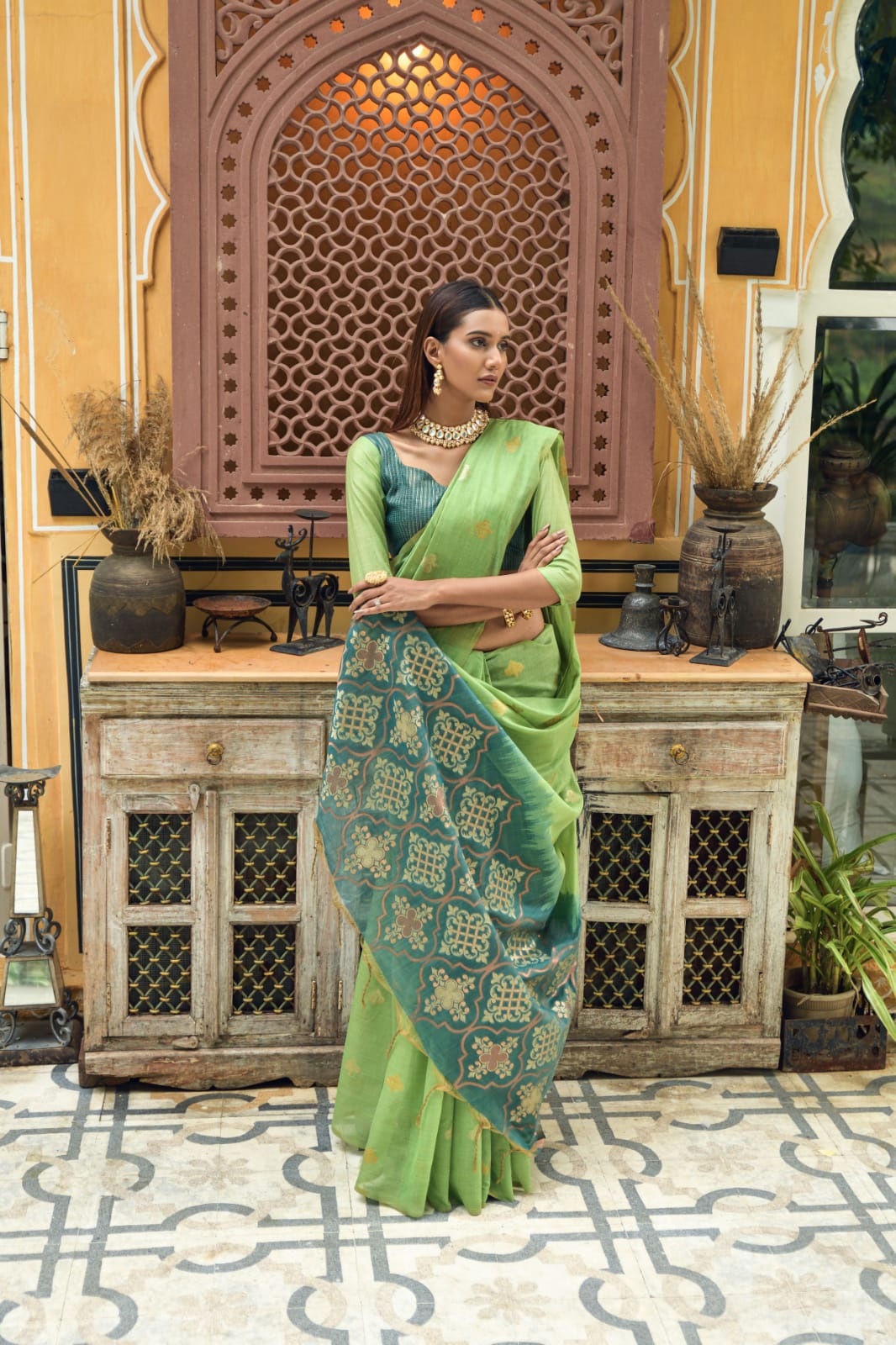 Green Chanderi Silk Saree With Silver And Copper Zari Weaves