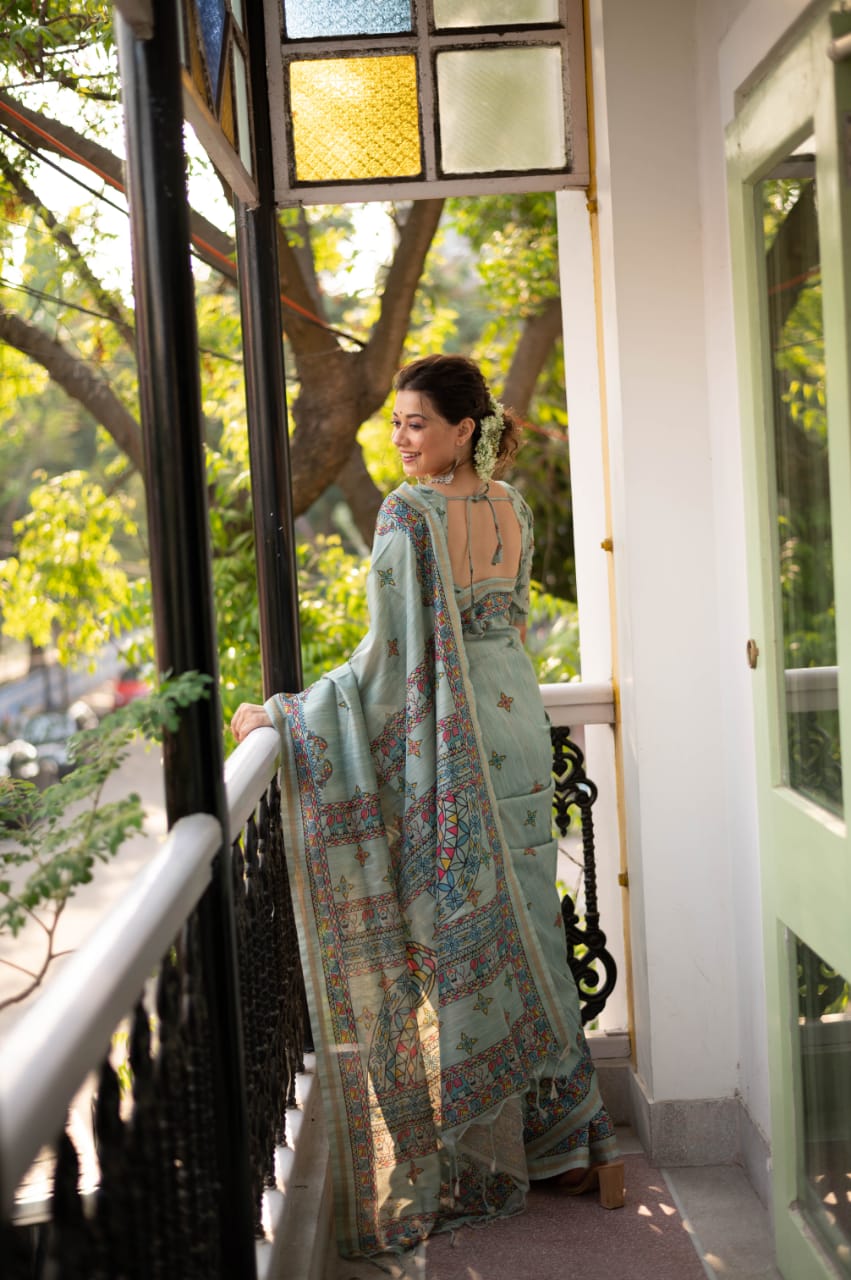 Green Tussar Silk Saree With Madhubani Print