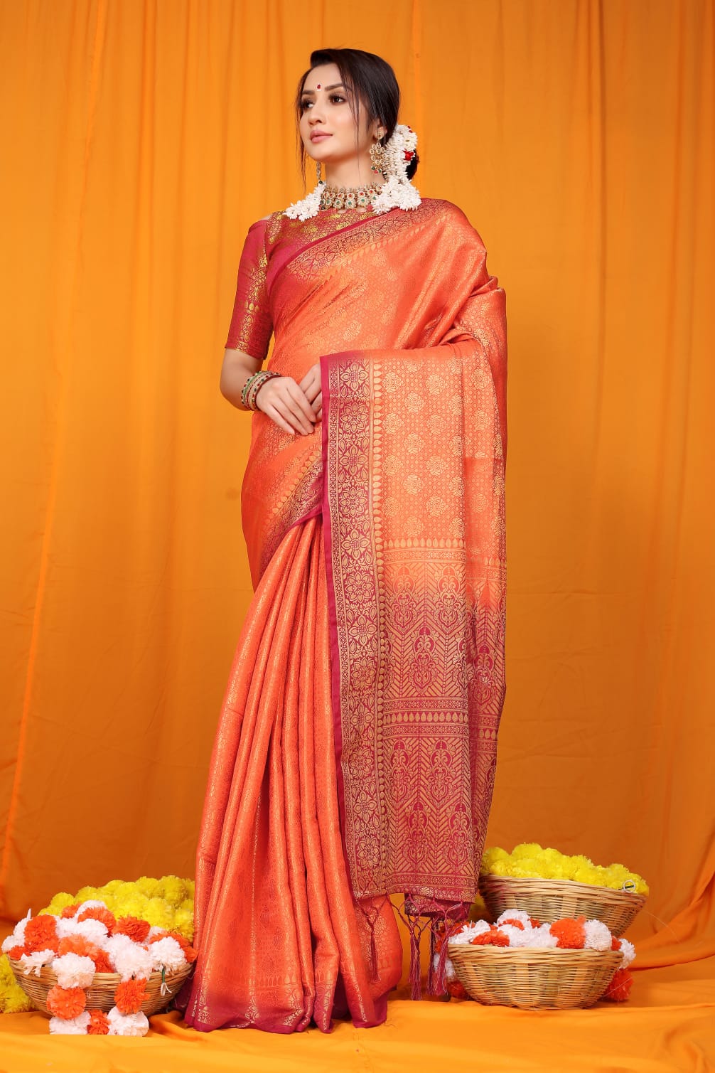 Orange Pure Soft Silk Saree With Hand dying And Zari Weaving Work
