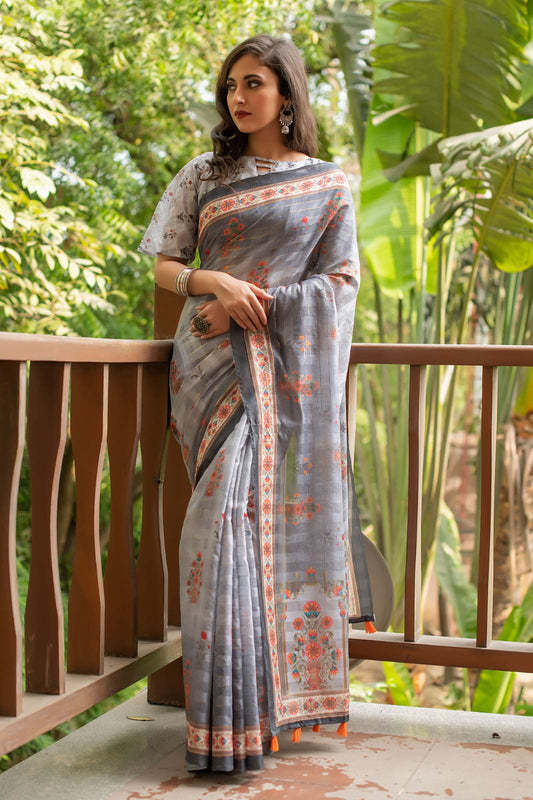 Grey Soft Linen Cotton Saree With Beautiful Digital Print And Zari Lining Pallu