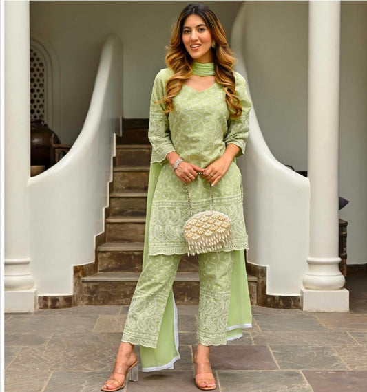 Green Chikenkari Embroidered  Kurta Set With Dupptta