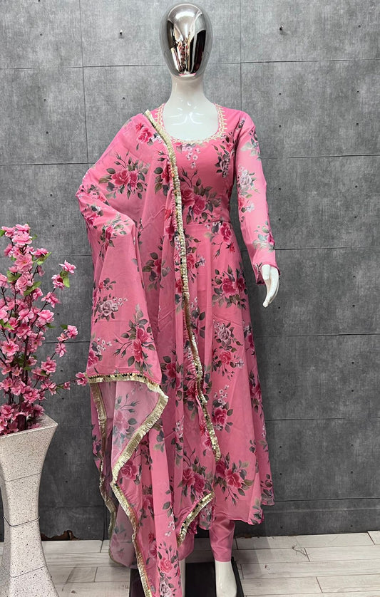 Beautiful Gown With Floral Printed Umbrella Flair With Pent And Dupatta Set