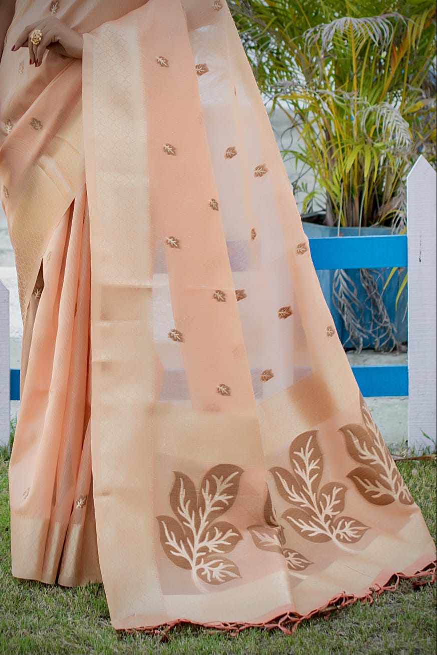 Linen Peach Tissue Saree With Zari Border
