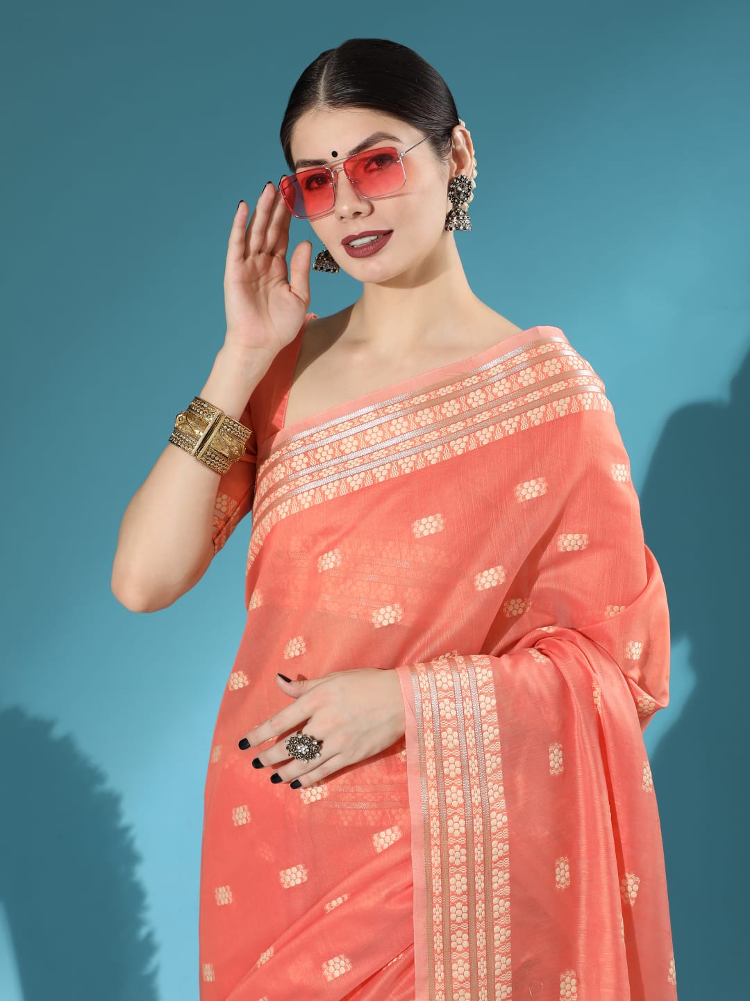 Peach Chanderi Chikankari Weaving Saree With Classy Zari