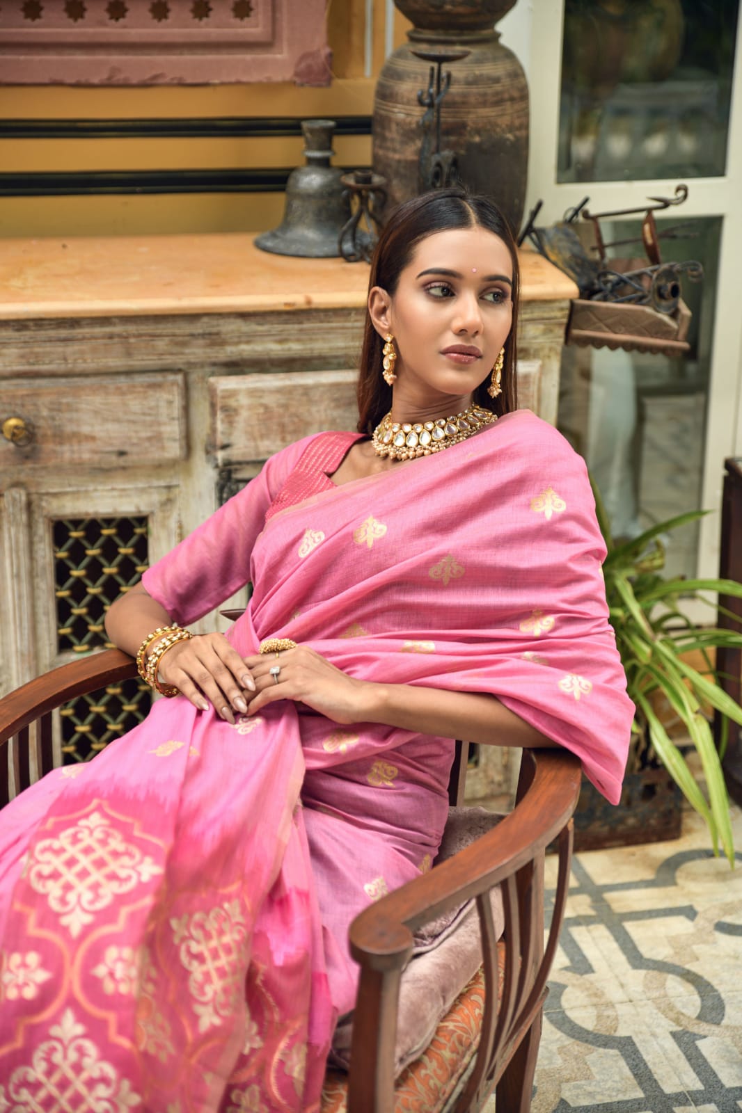 Pink Chanderi Silk Saree With Silver And Copper Zari Weaves