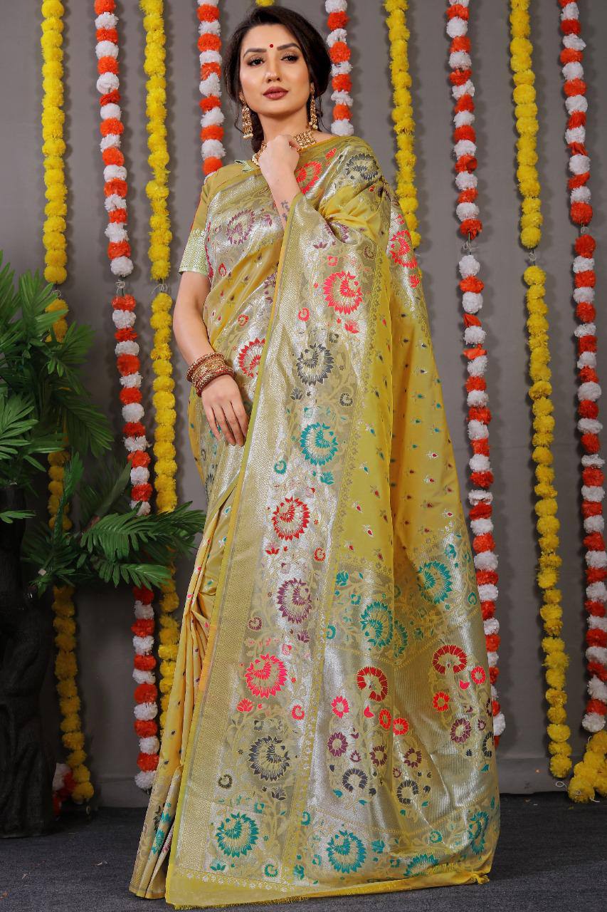 Beautiful Light Yellow Saree With Silk With Weaving Silver Zari