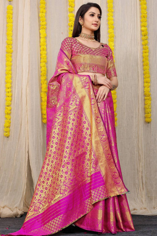 Beautiful Pink Lichi Silk Saree With Golden Weaving Work
