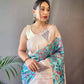 Sky Blue Tusser Sarees With Kalamkari Prints All Over With Woven Temple Border