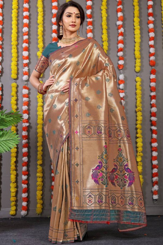 Peach Paithani Pure silk handloom saree with Pure Jari
