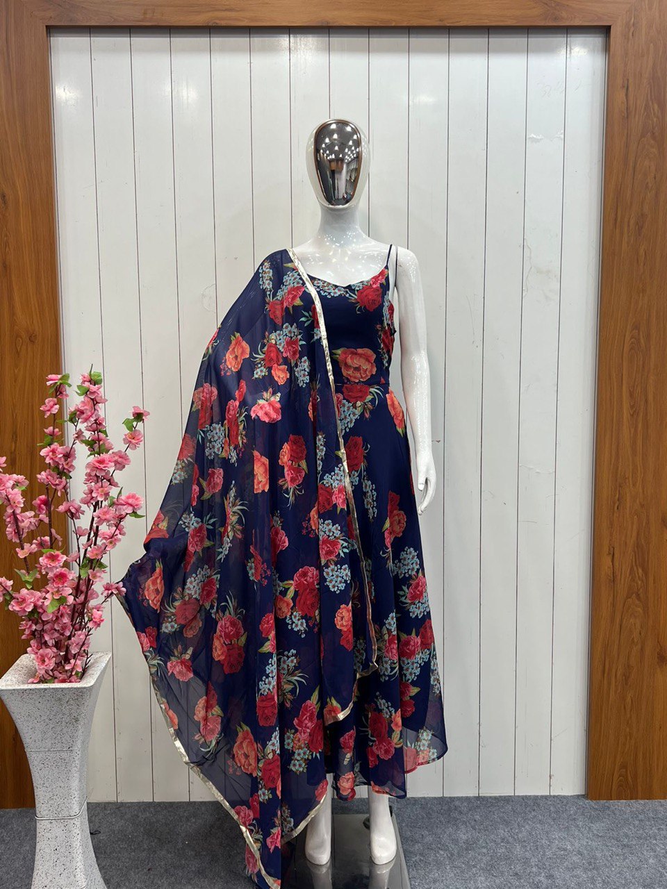 Beautiful Blue Fox Georgette Anarkali Gown With Floral Dupatta set