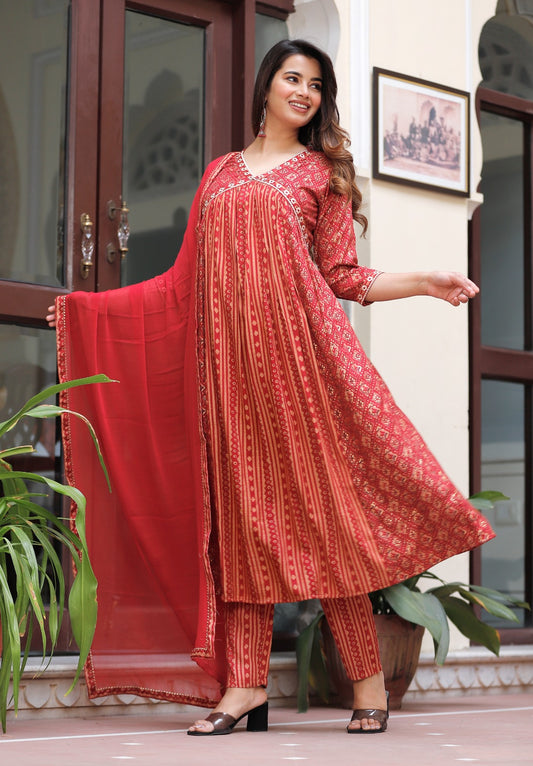 Red Beautiful Foil Capsul Printed Aliacut Embroidery Kurti Set