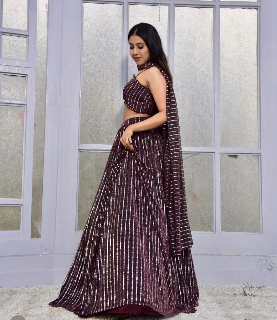 Wine Colour Embroidered Faux Georgette Party Wear Lehenga Choli