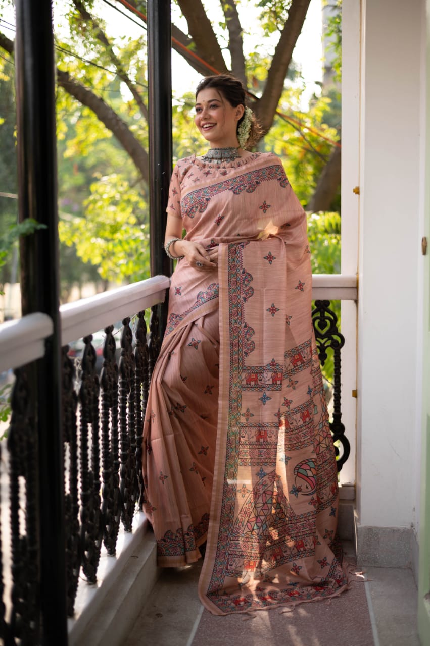 Peach Tussar Silk Saree With Madhubani Print