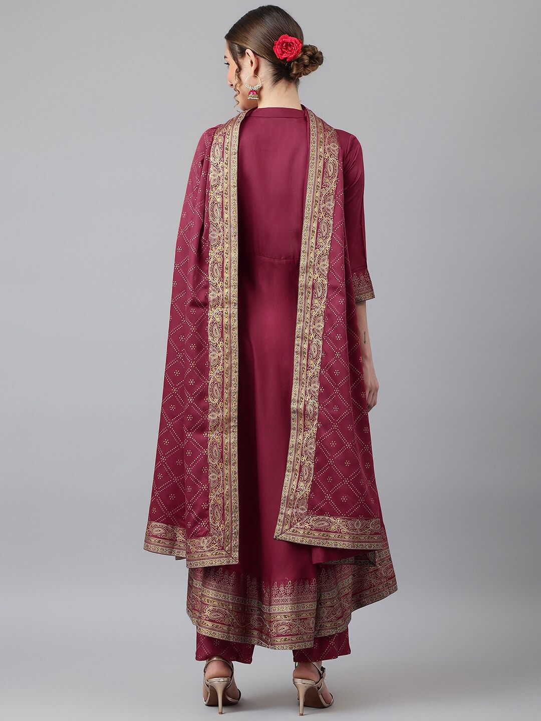 Wine Foil Print Anrkali Gown Pent Dupatta Set