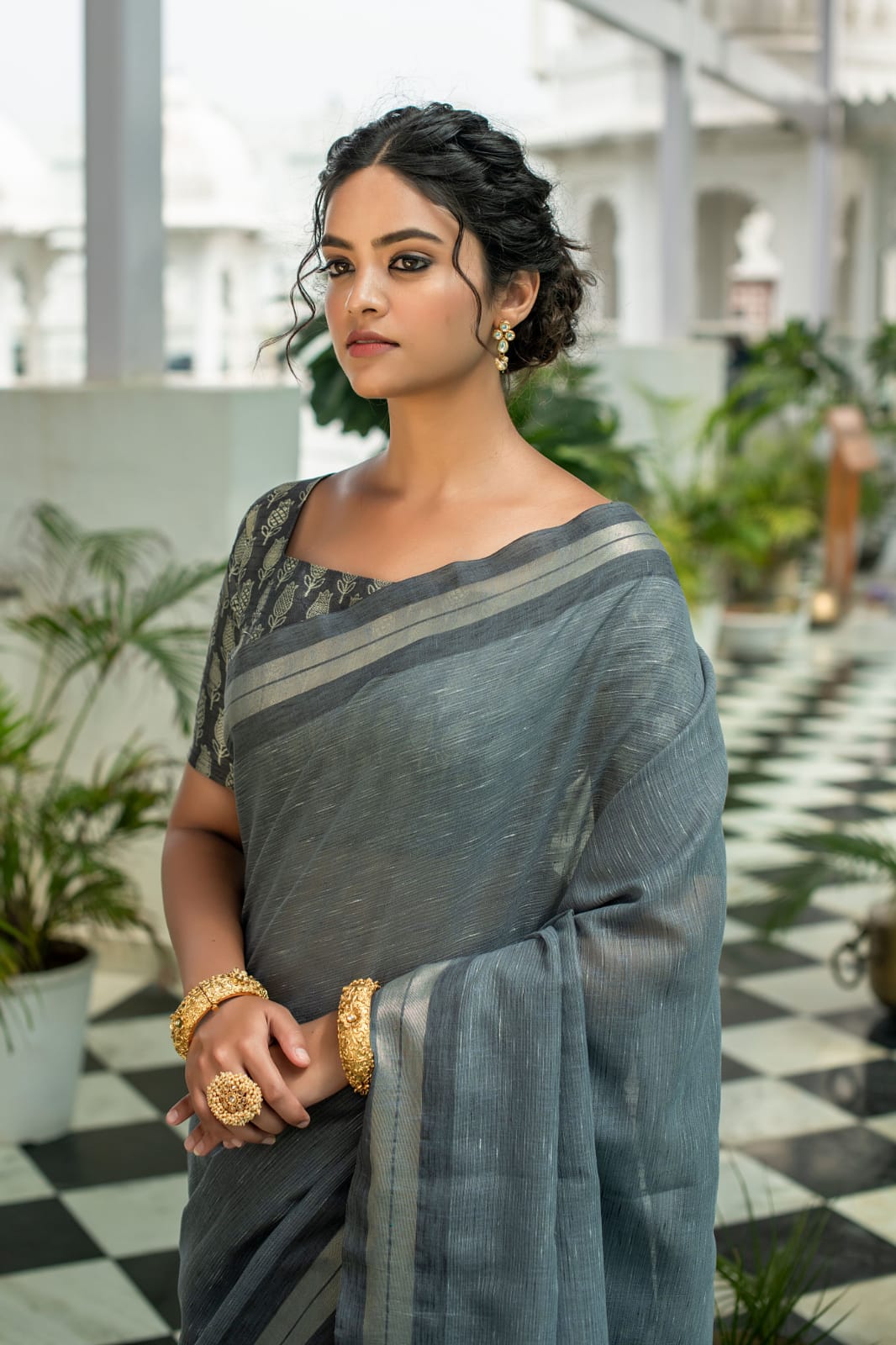 Grey Pure Linen Saree Katha Weaving