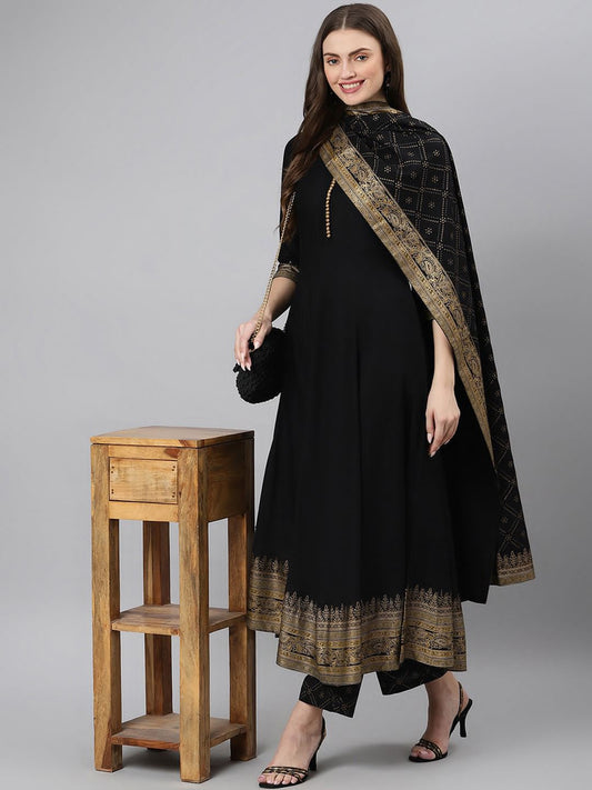 Black Foil Print Anrkali Gown Pent Dupatta Set