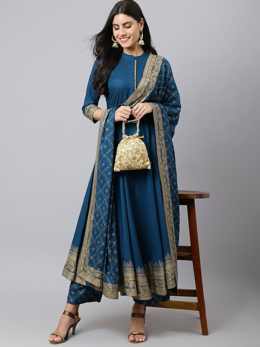 Blue Foil Print Anrkali Gown Pent Dupatta Set