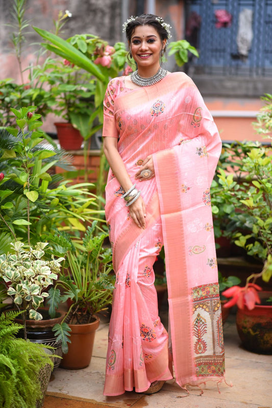 Pink Tussar Silk Saree With Unique Slub Weaving Pattern