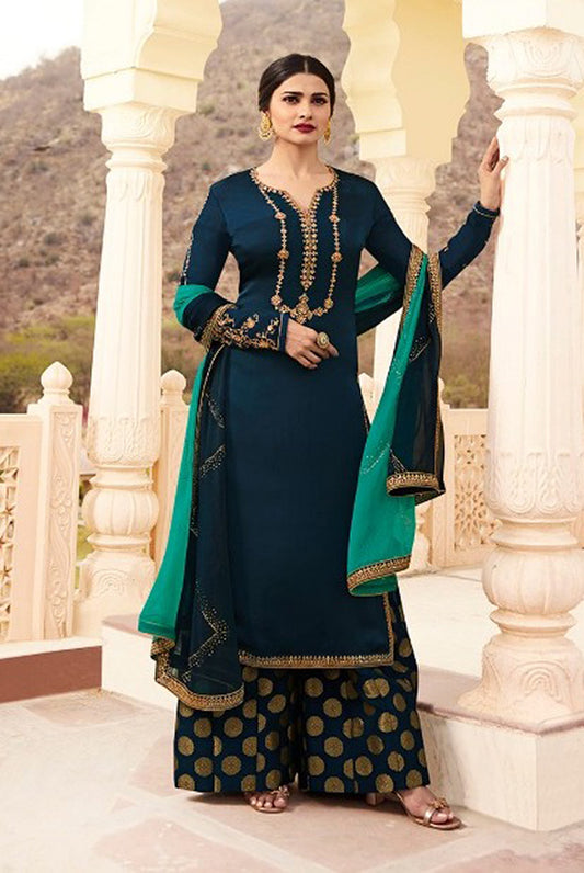 Navy Blue Satin Georgette Embroidered Semi-stitched Palazzo Suits