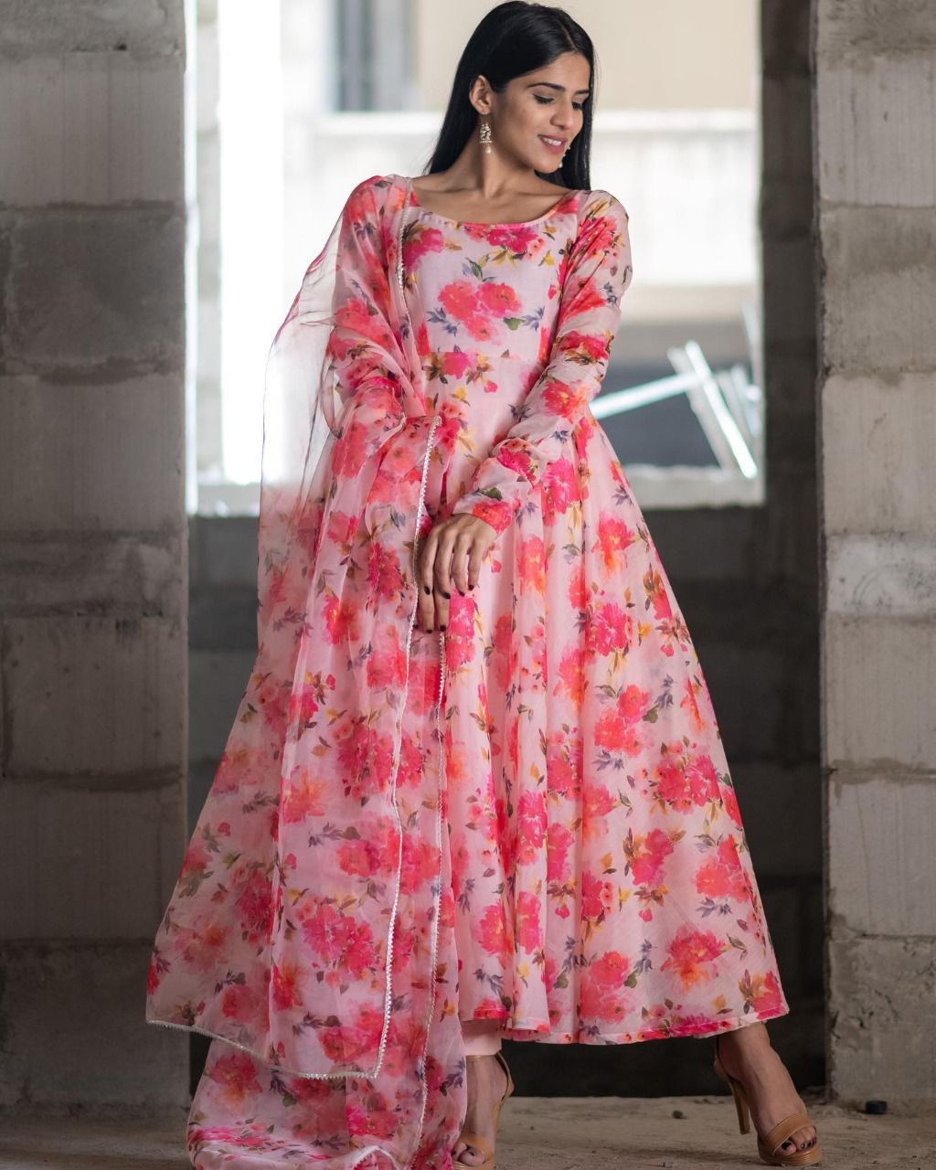 Beautiful pink  Floral  pair in anarkali With Pent And Dupatta
