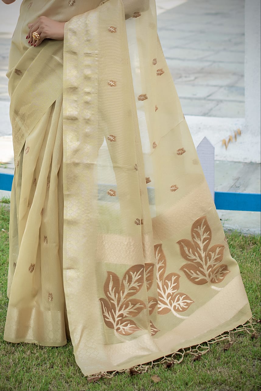 Linen Cream Tissue Saree With Zari Border