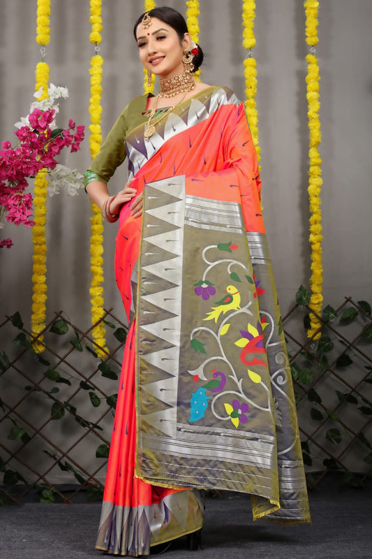 Soft Orange Silk Paithani Saree With Rich Pallu And Meenakari work