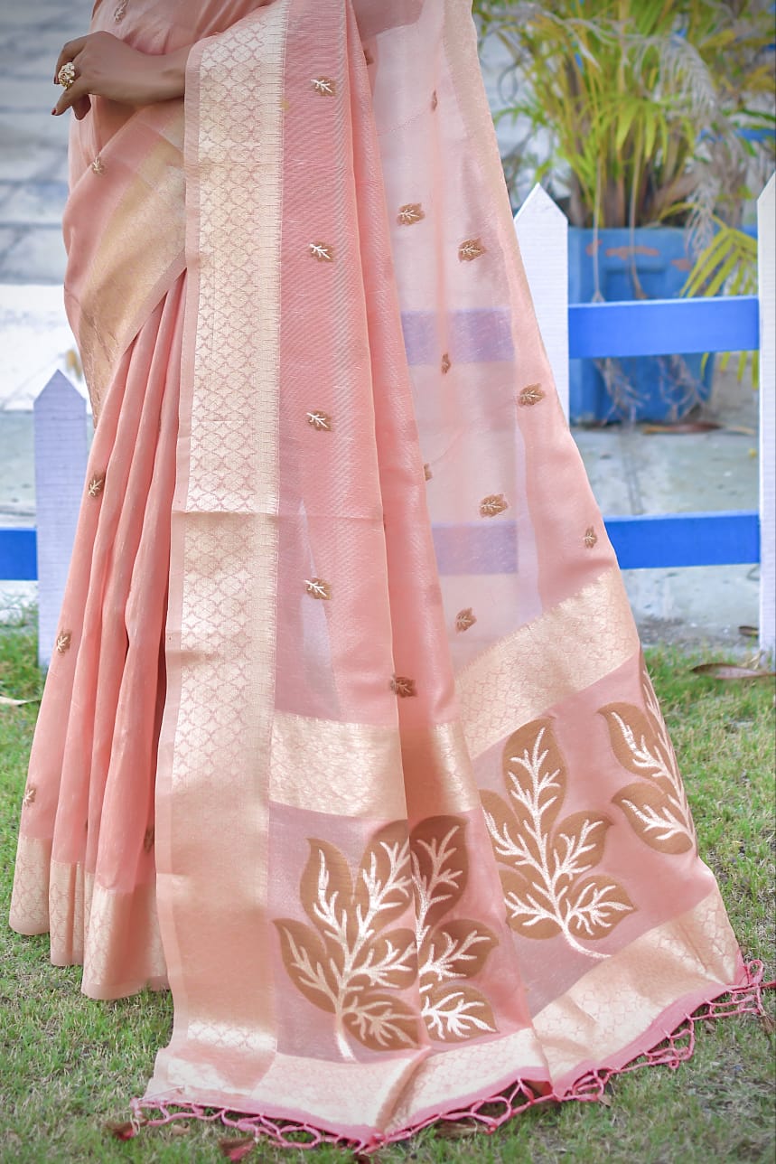 Linen Pink Tissue Saree With Zari Border