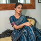 Blue Pure Tussar Silk Jamdani Weaving Saree With Zari Woven Border