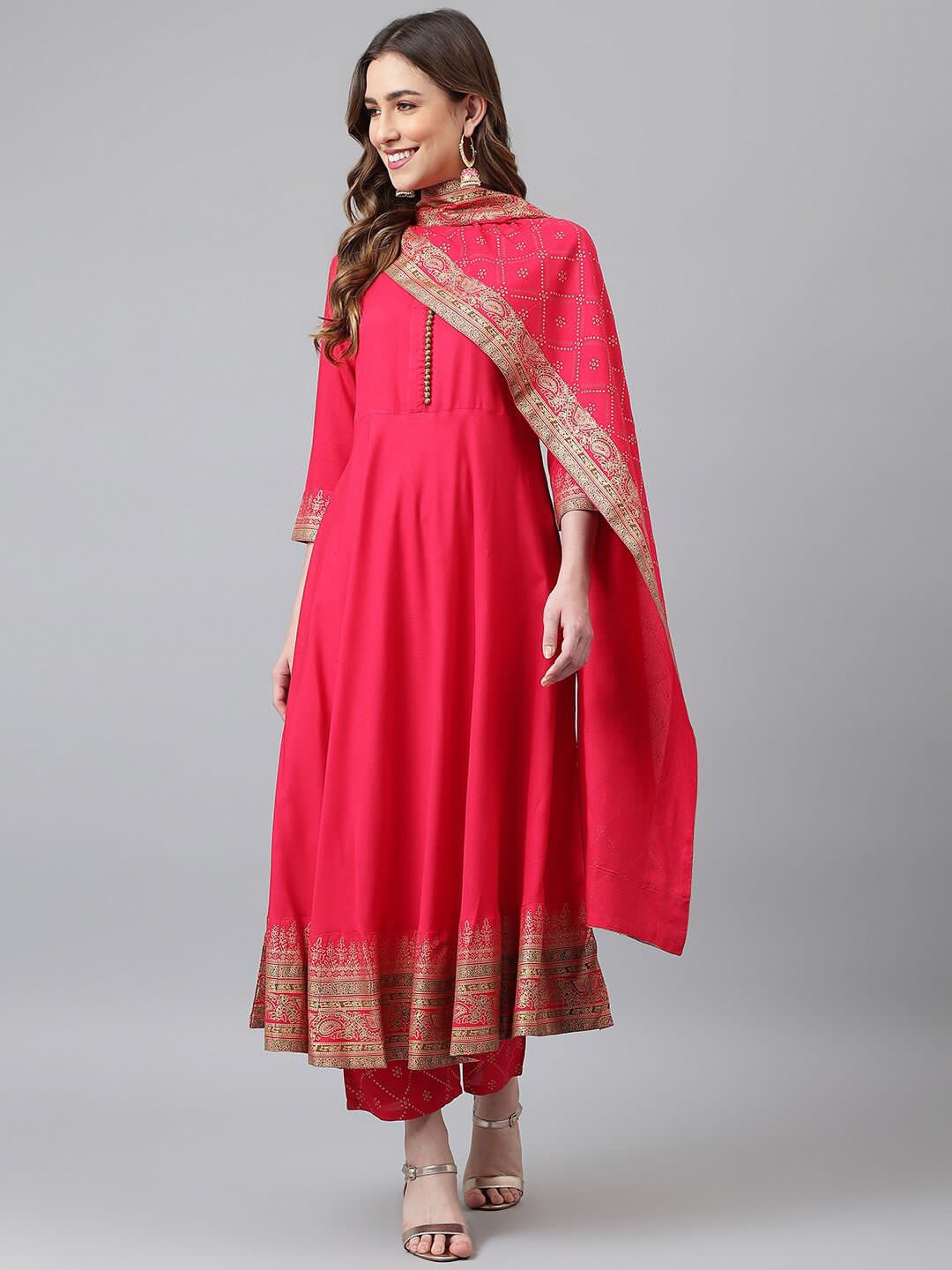 Red Foil Print Anrkali Gown Pent Dupatta Set
