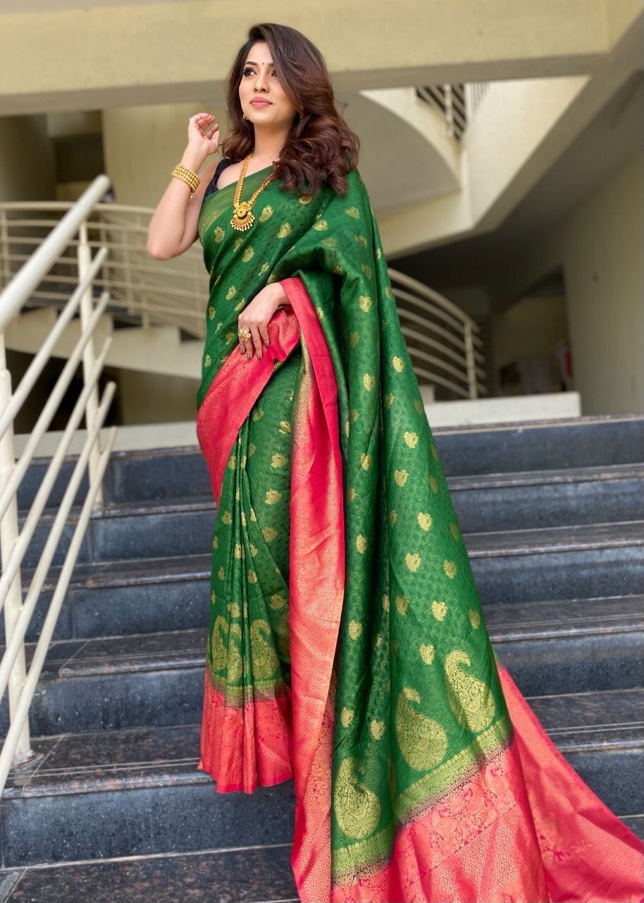 Green Special 3D Weaving Lichi Silk Banarasi Saree
