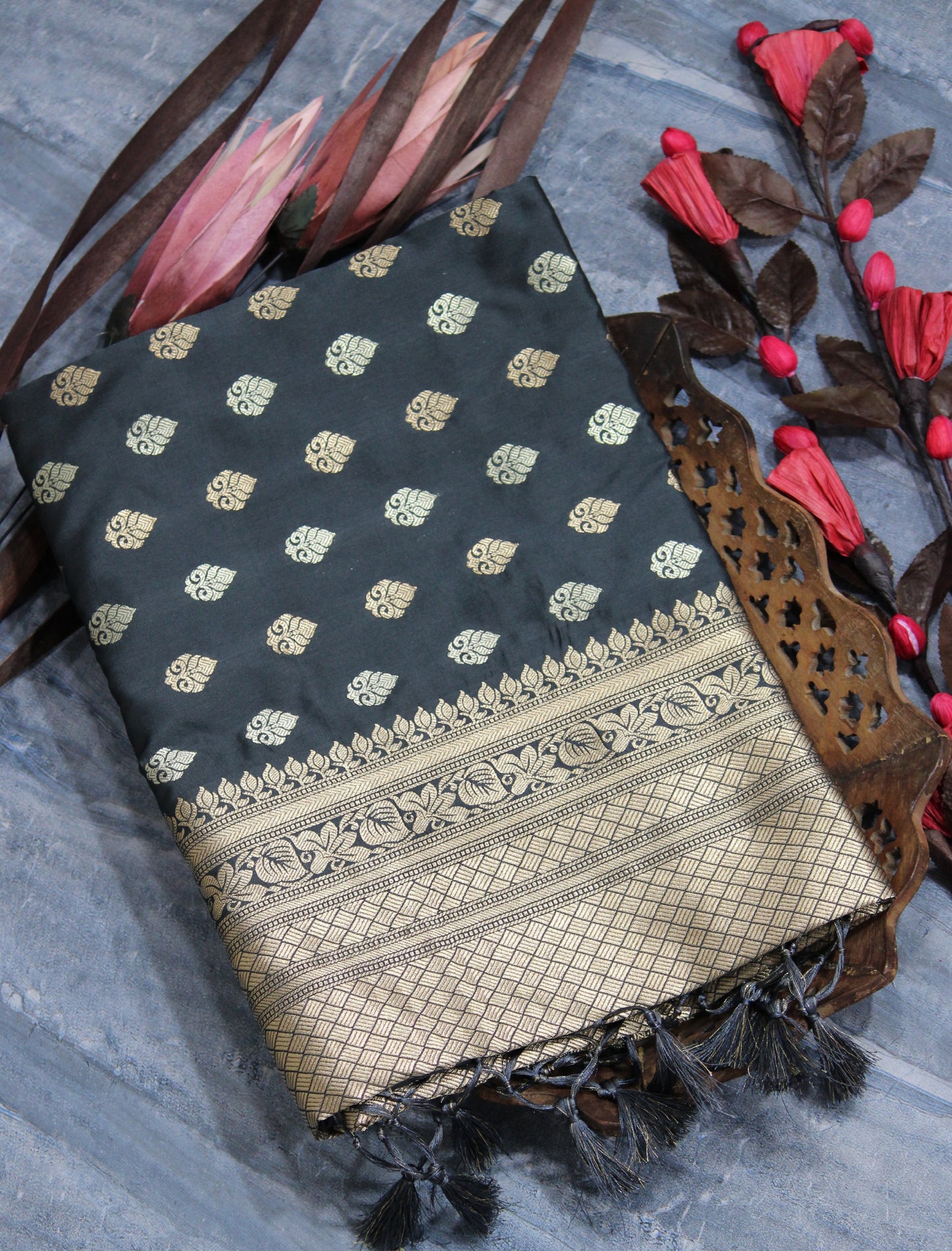 Carbon Grey Soft Banarasi Katan Silk Saree