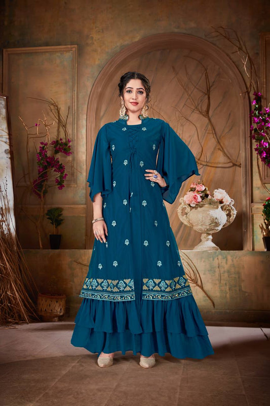 Semi Stitched Faux Georgette Embroidery Gown