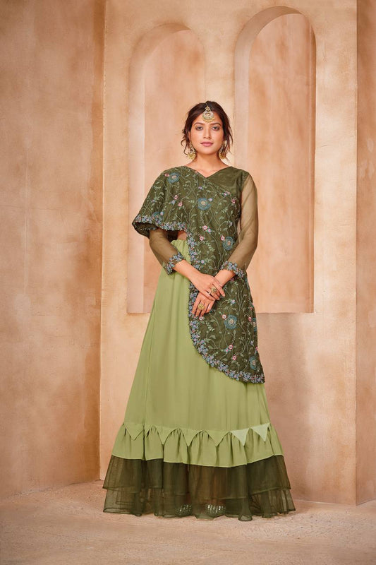 Faux Georgette semi stitched green lengha