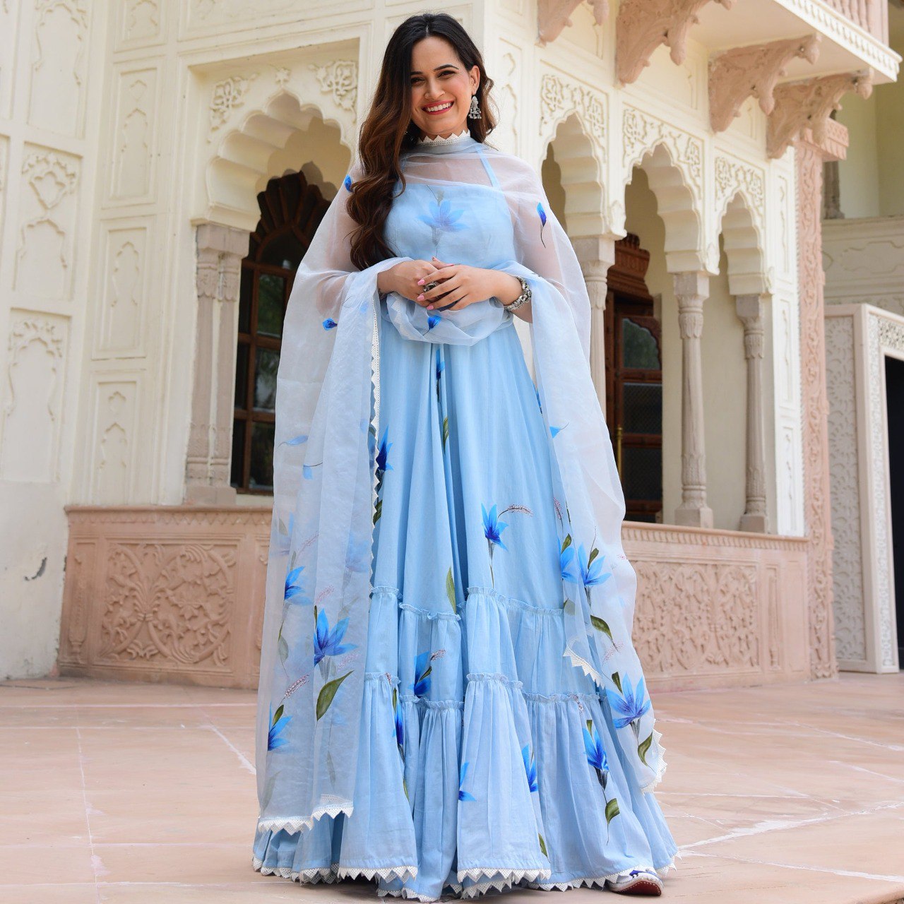 Blue Cotton Printed Maxi Gown With Dupatta