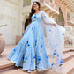 Blue Cotton Printed Maxi Gown With Dupatta