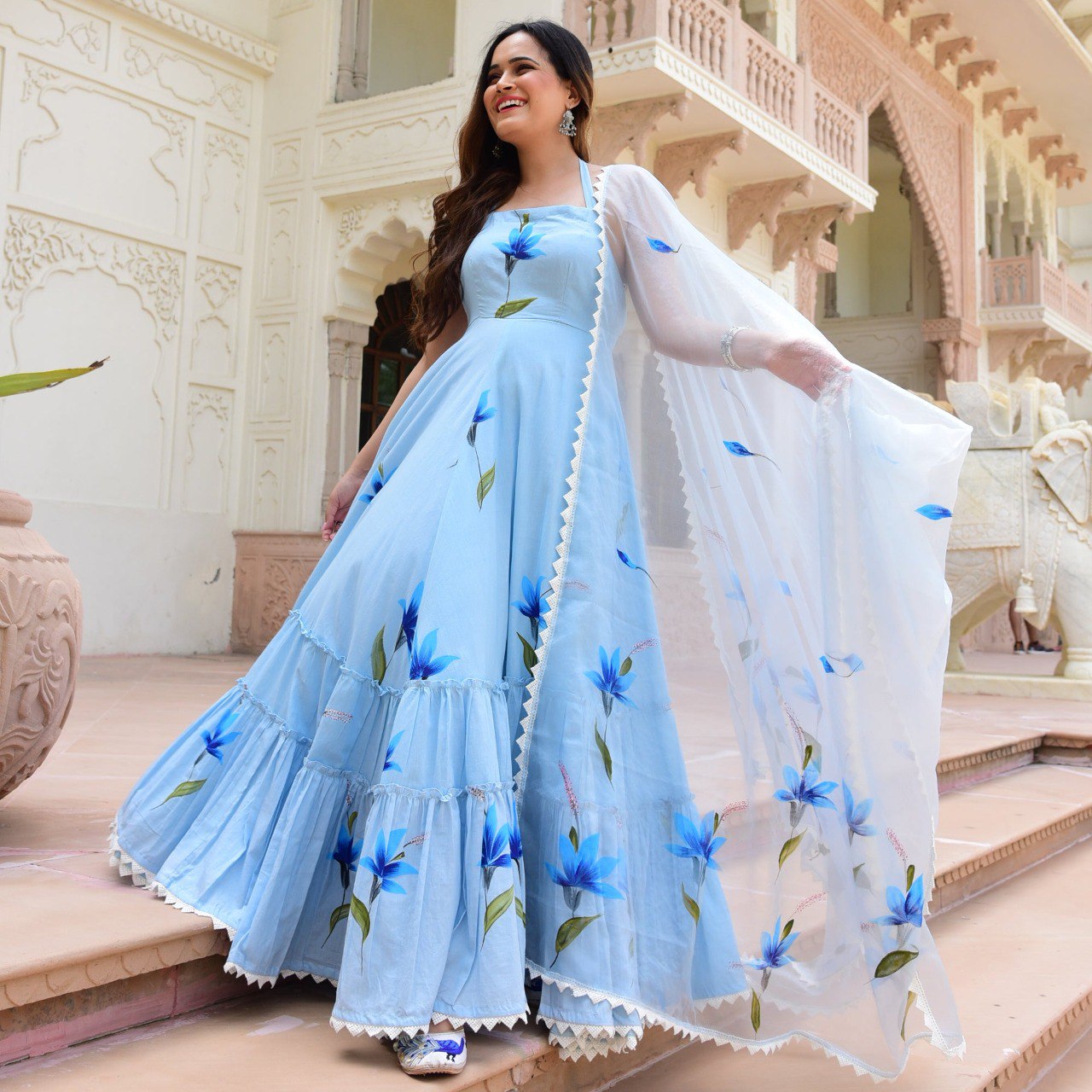 Blue Cotton Printed Maxi Gown With Dupatta